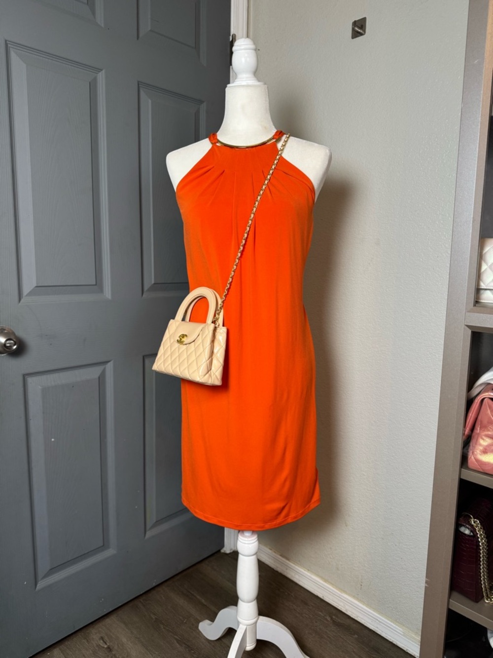 Michael Kors Orange Gold Hardware Halter Sheath Dress - Size Small